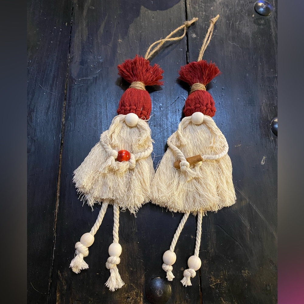 Handmade by me, macramé Christmas Gnomes (wall hang or ornaments)